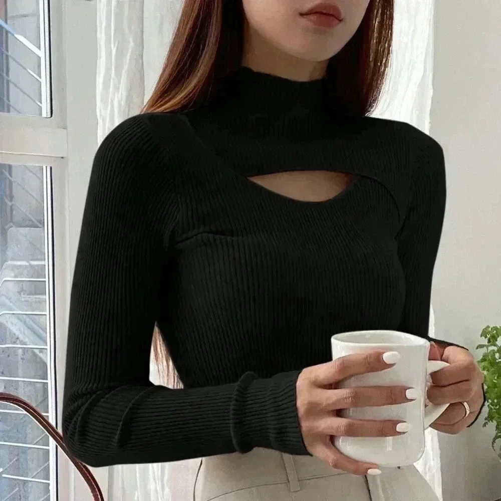 Black Casual Women's Cut Out Mock Neck Ribbed Knit Sweater